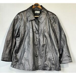 Via Accenti Leather Jacket Metallic Pockets Womens 20W Pewter Classy Business